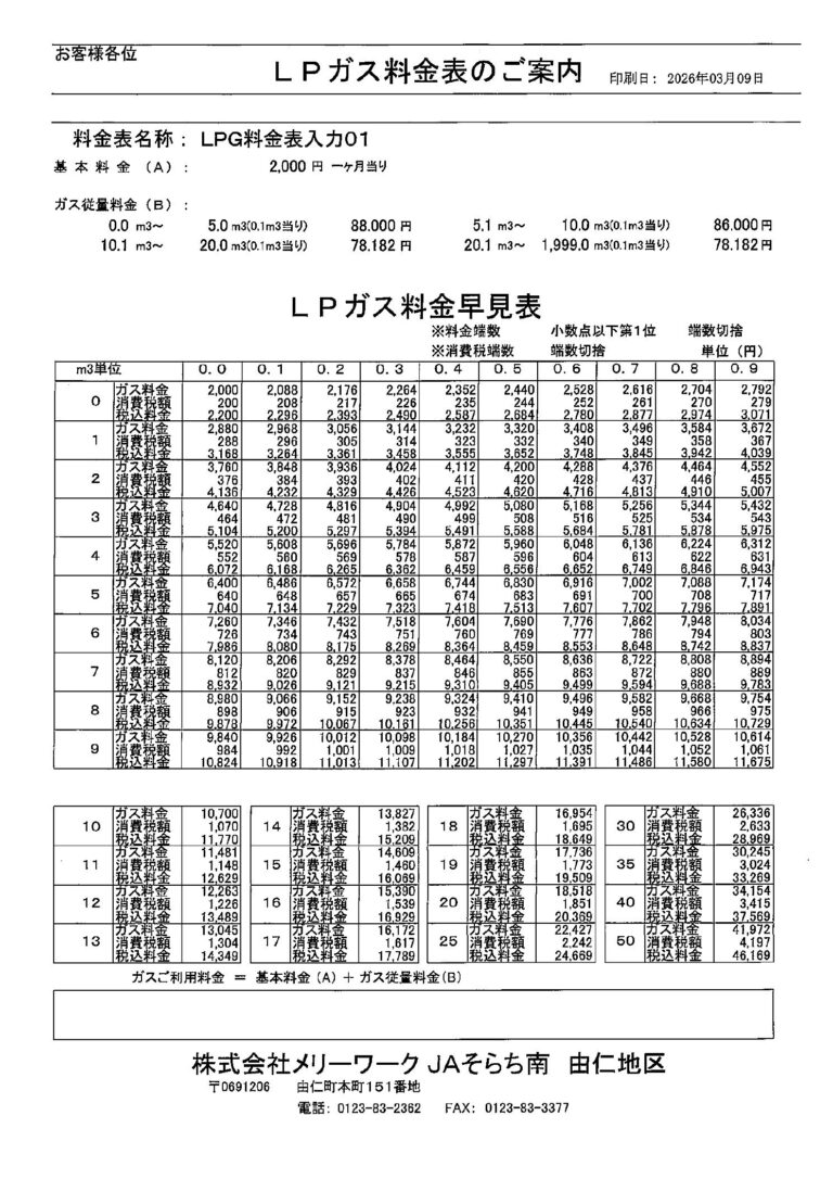 LPガス料金のご案内